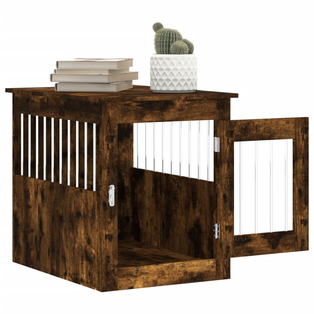 Holzkäfig mit Tür, Büchern und Kaktusdekor auf der Oberseite.