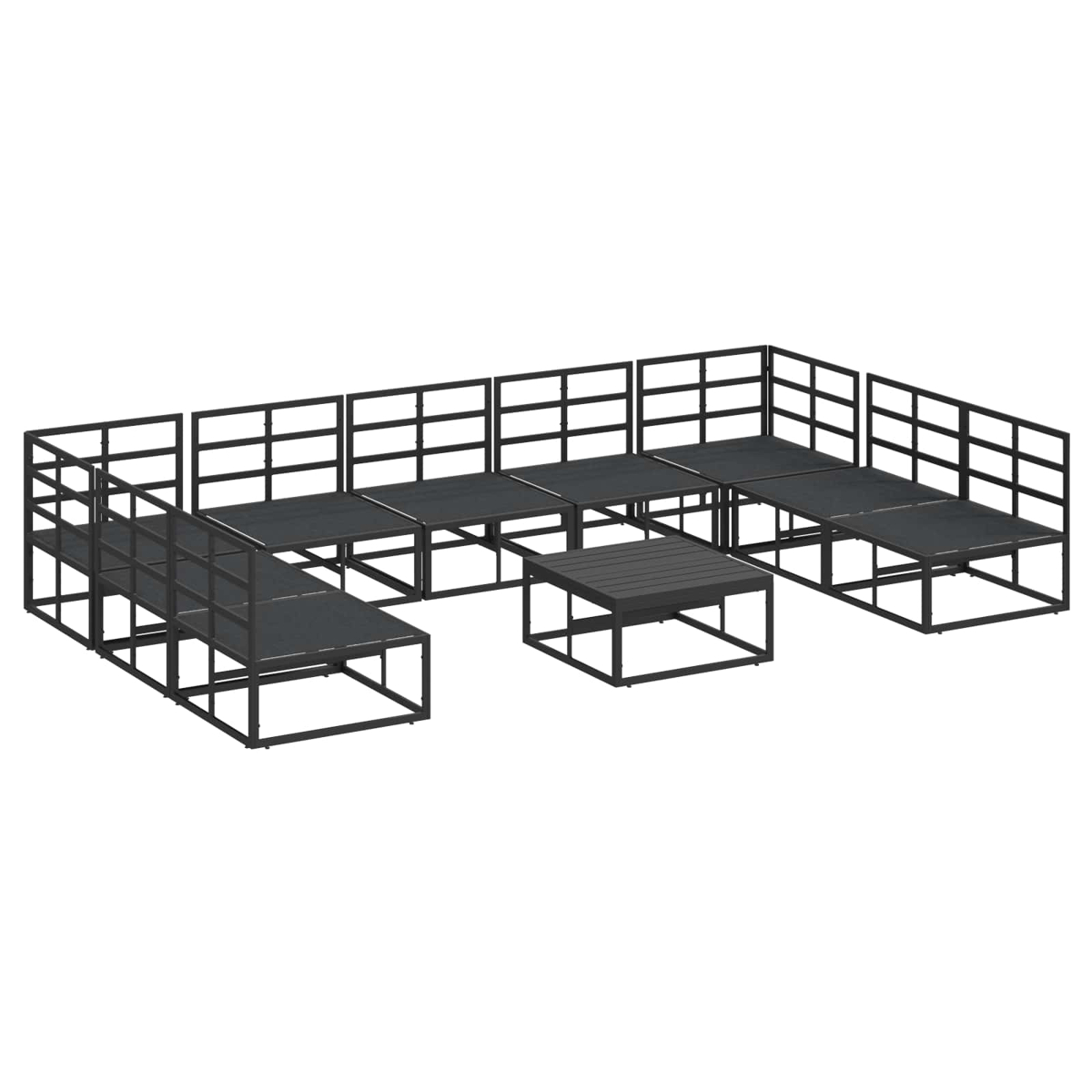 Modulare Gartenmöbel aus dunklem Metall mit mehreren Sitzbereichen und einem Tisch.