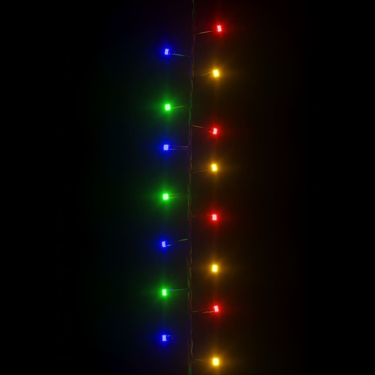 Bunte Lichterkette mit roten, blauen, grünen und gelben LEDs auf schwarzem Hintergrund.