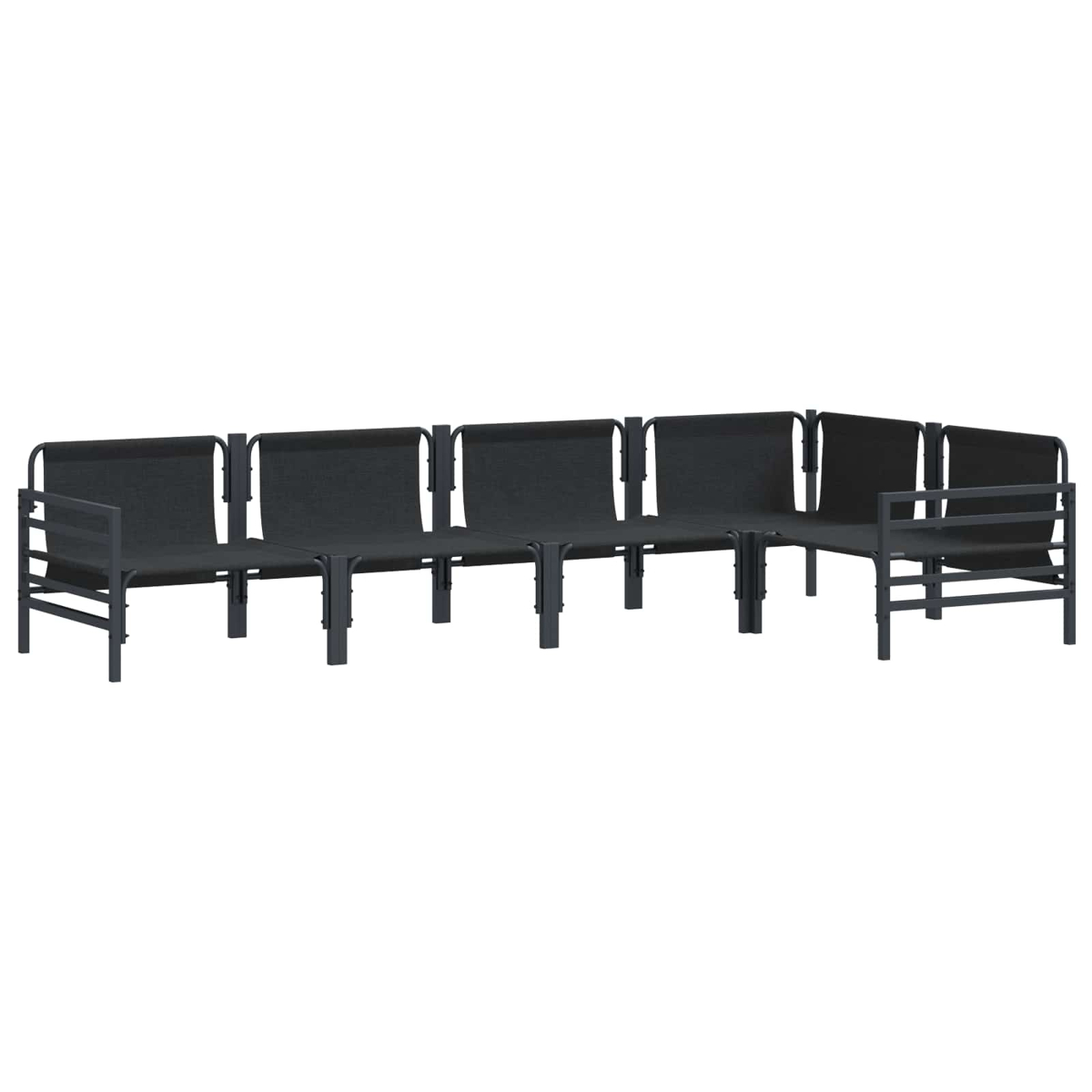 Ein modulares, dunkelgraues Loungeset aus Metall und Stoff.
