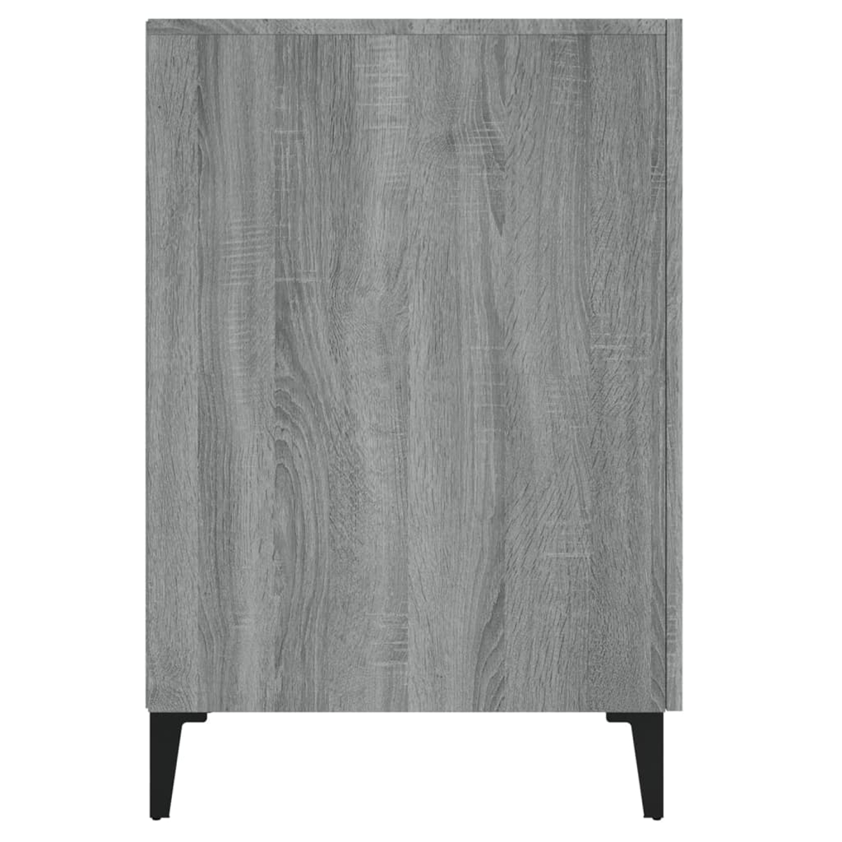 Grauer Holzschrank mit schwarzen Füßen.