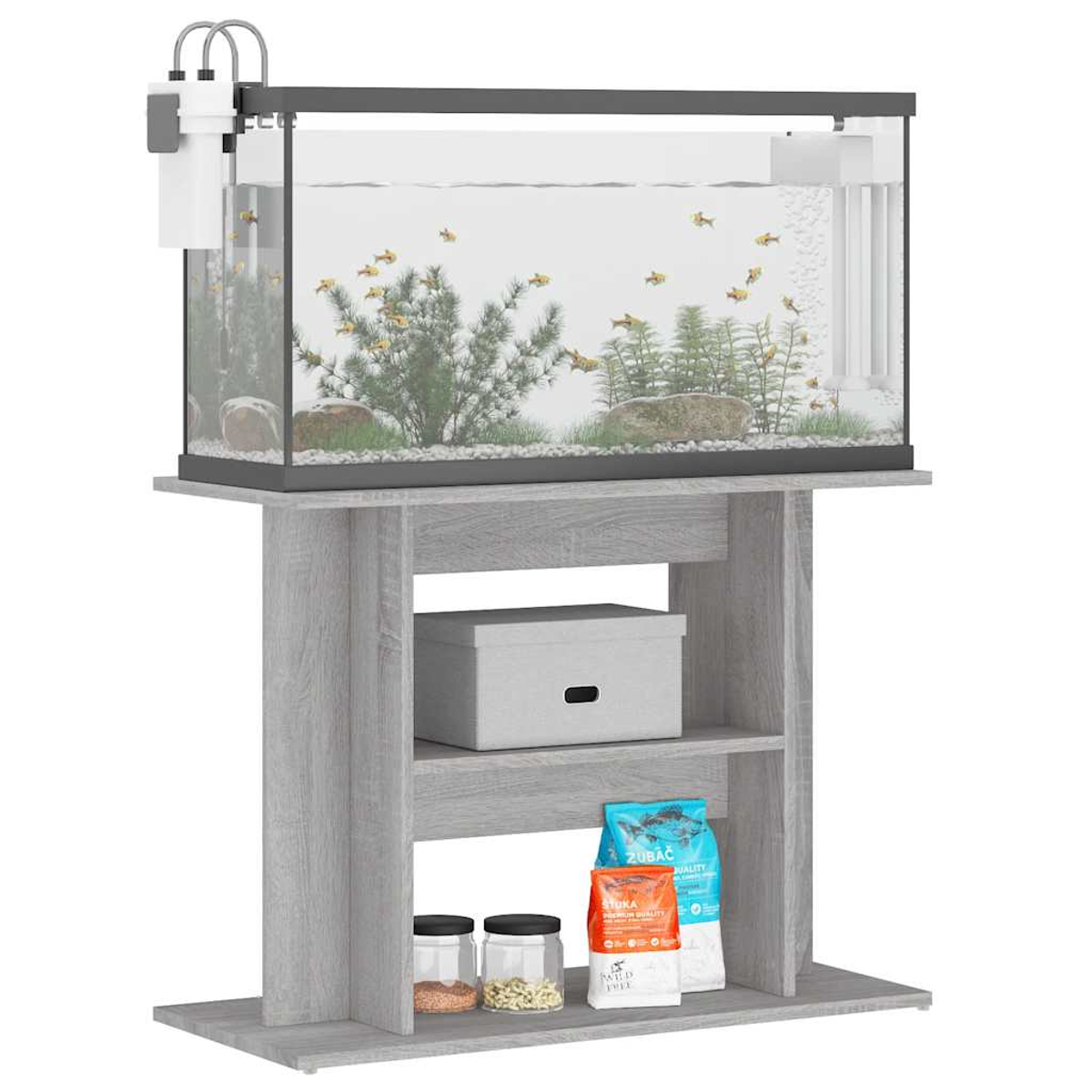 Ein Aquarium mit kleinen Fischen und Pflanzen auf einem Holzständer mit Lagerbox und Futter.