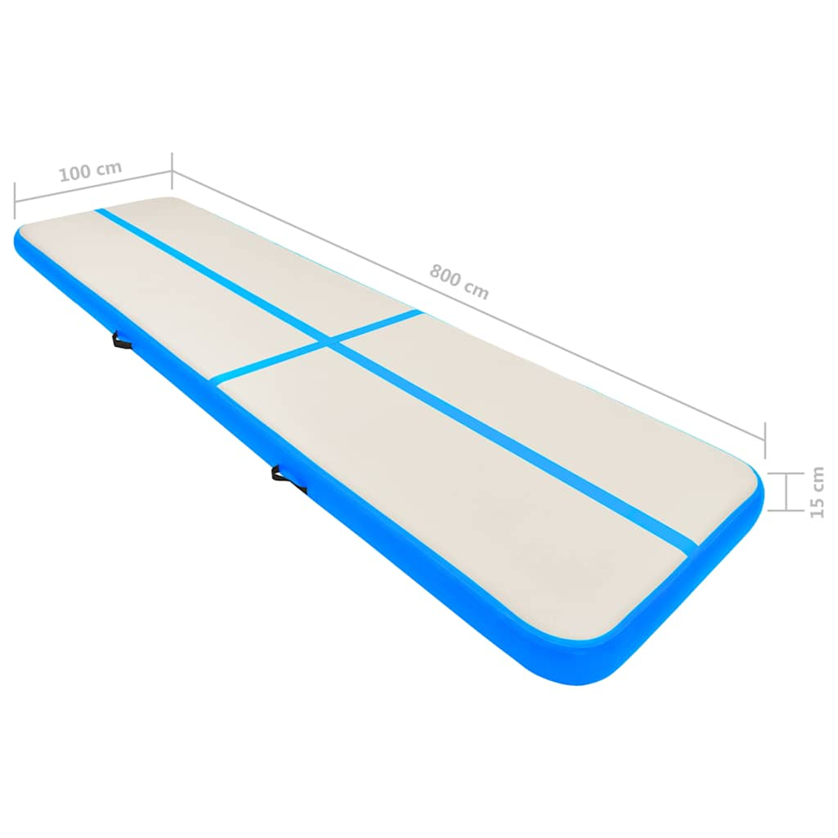 Aufblasbare Gymnastikmatte in Weiß mit blauen Linien, 800x100x15 cm.