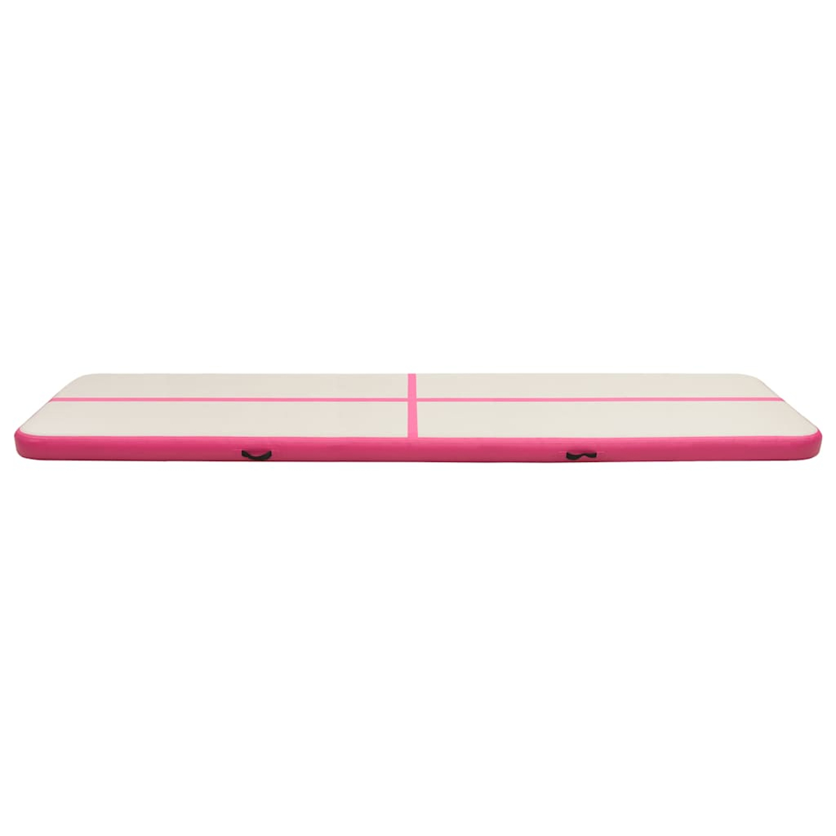 Eine weiße aufblasbare Matte mit rosa Linien und einem rosa Rand.