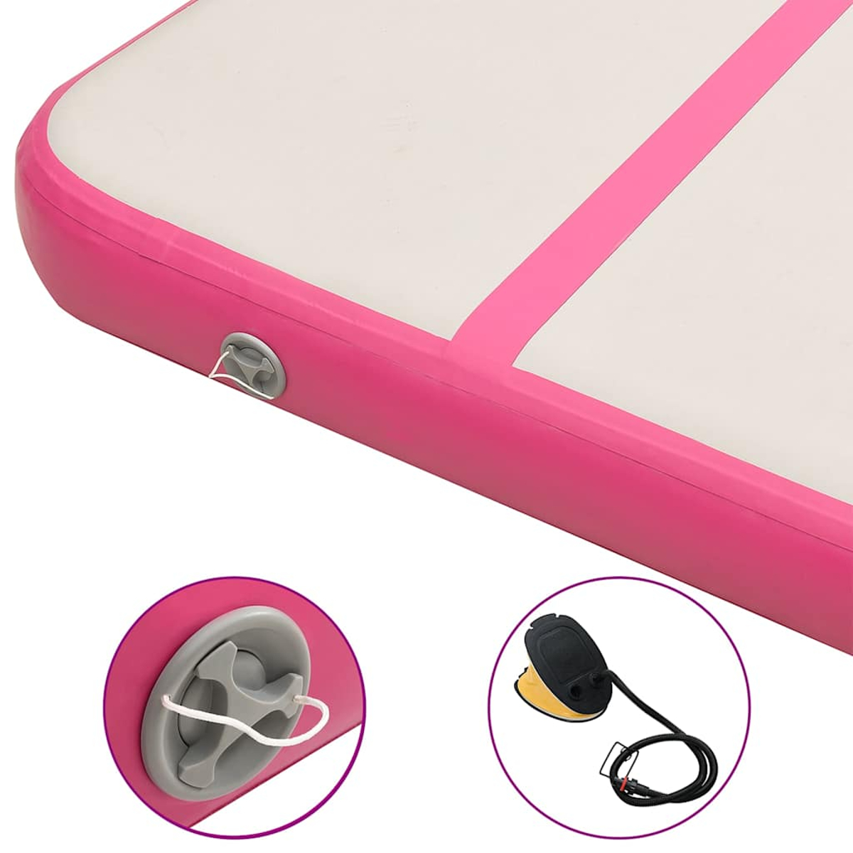 Nahaufnahme eines aufblasbaren Gymnastikgeräts in Pink mit einem Ventil und einer Luftpumpe.