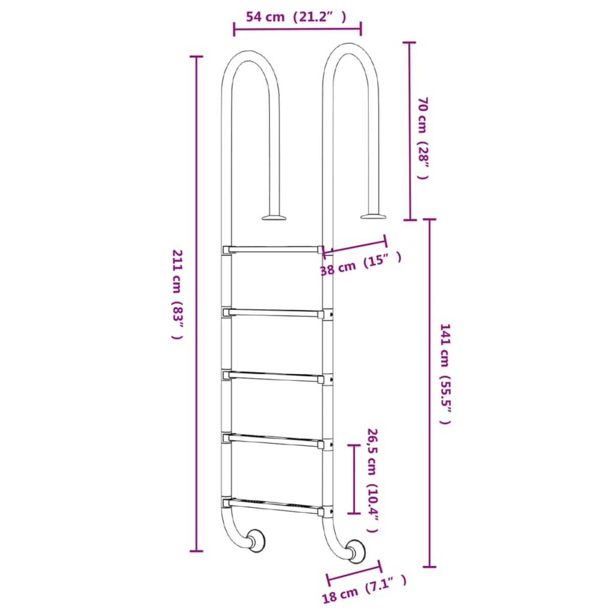 Diagramm einer Poolleiter mit Maßen: 211cm hoch, 54cm breit, 5 Stufen.