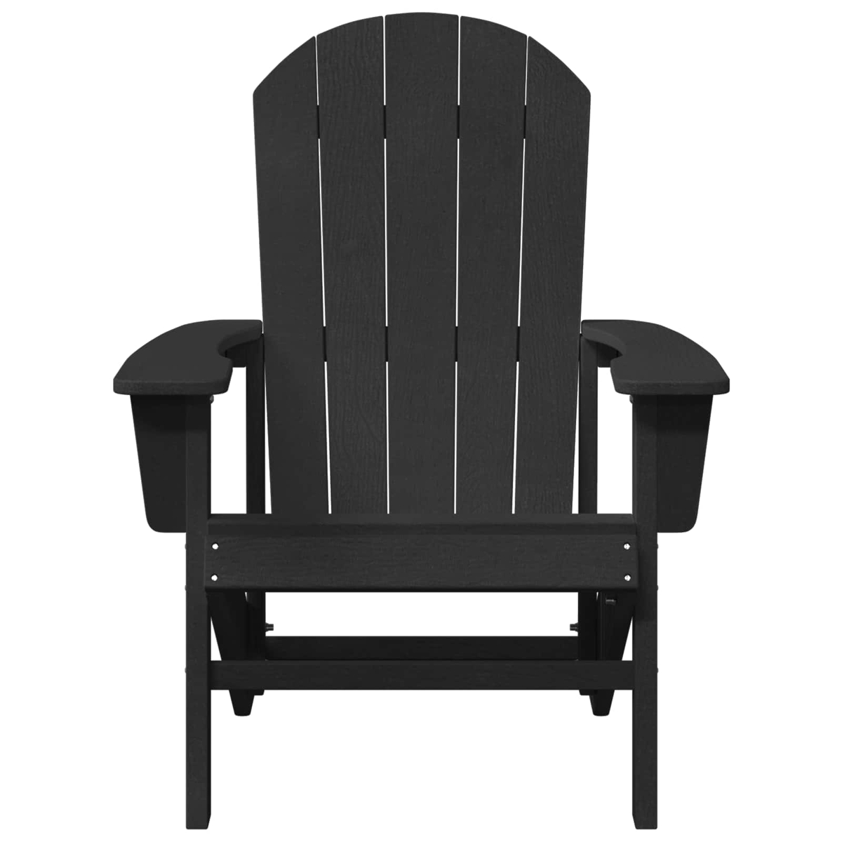 Ein schwarzer Adirondack-Stuhl aus Holzlatten mit breiten Armlehnen.