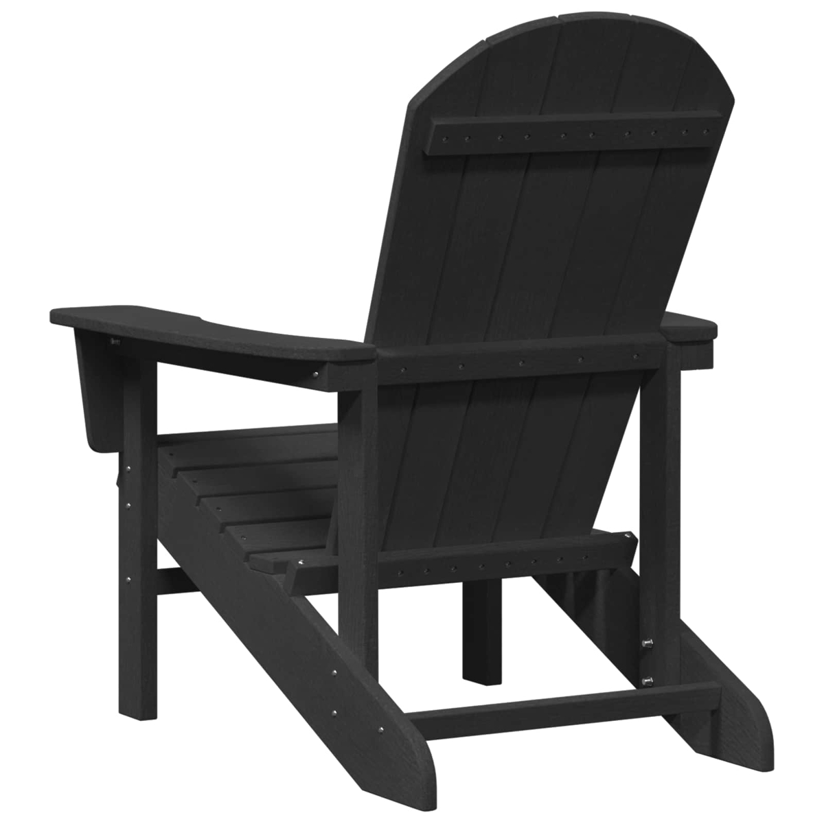 Schwarzer Adirondack-Stuhl aus Holz mit breiten Armlehnen und einer geschwungenen Rückenlehne.
