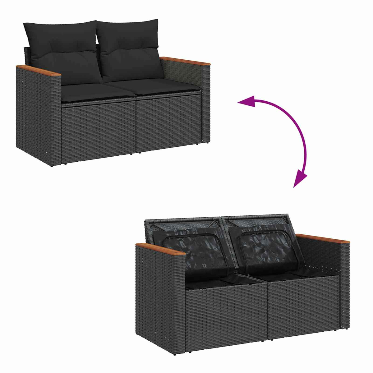 Graues Rattansofa mit schwarzen Kissen, Vorderansicht und Rückansicht.