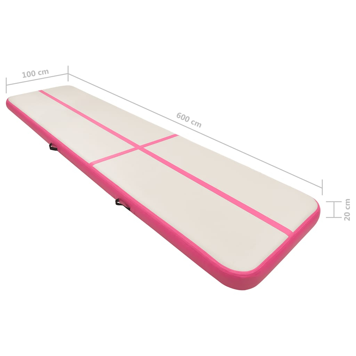 Aufblasbare Gymnastikmatte in Weiß mit rosa Linien, 600x100x20cm.