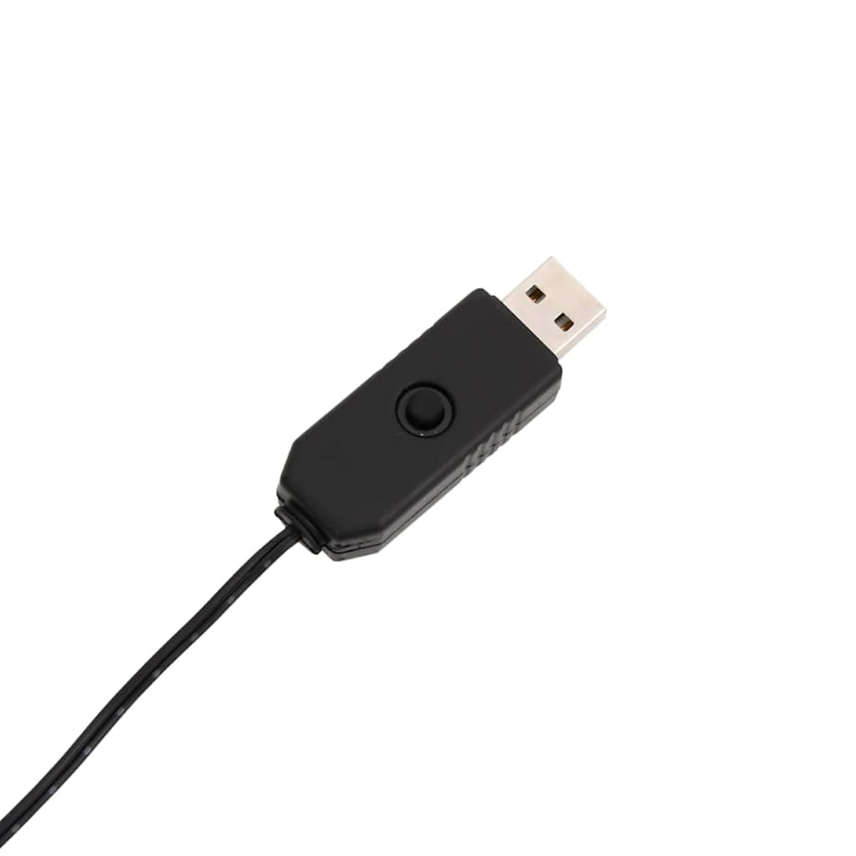 Ein schwarzes USB-Kabel mit einem Schalter und einem USB-Stecker auf weißem Hintergrund.