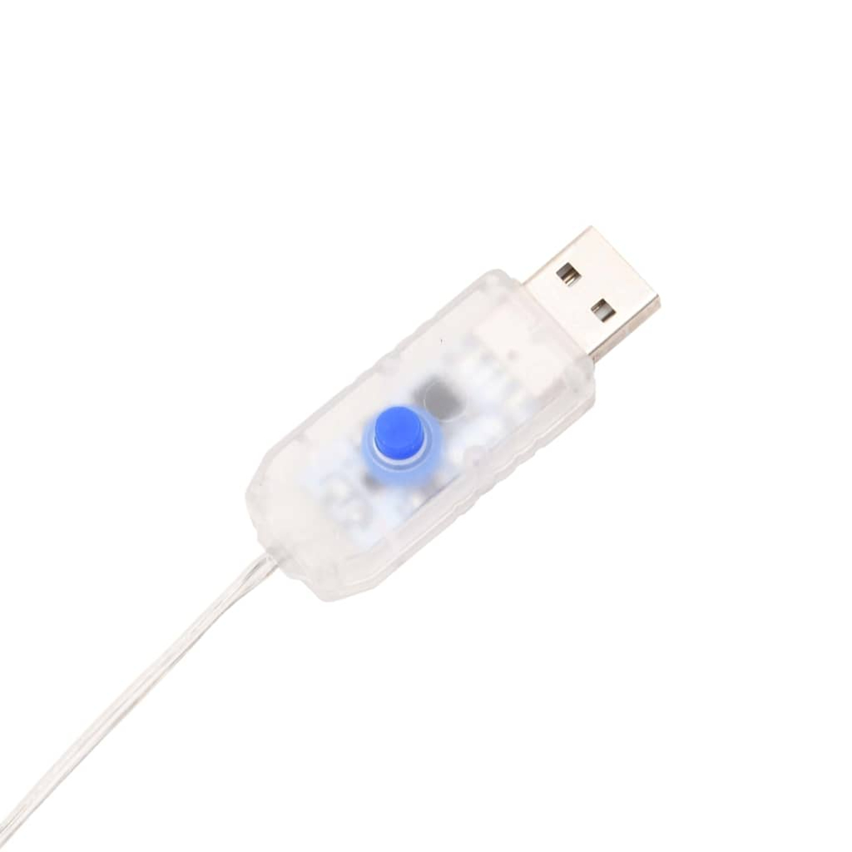 Ein transparentes Gehäuse mit einem blauen Knopf und einem USB-Anschluss.
