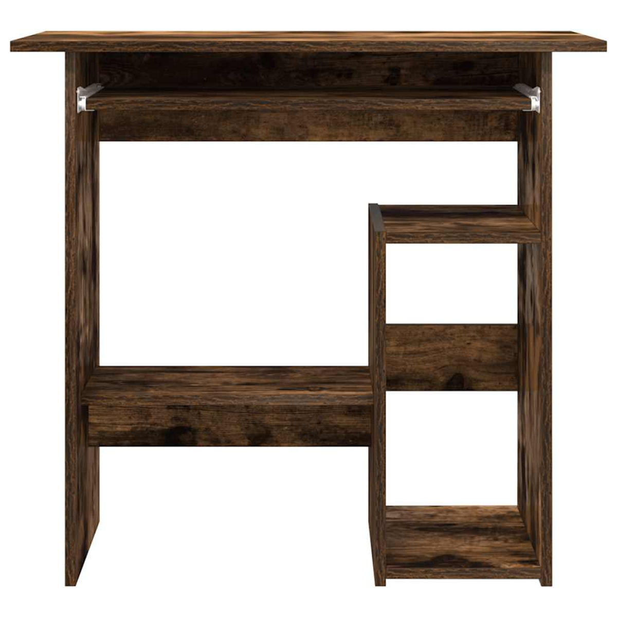 Ein dunkles Holzschreibtisch mit Regalen und einer ausziehbaren Tastaturablage.