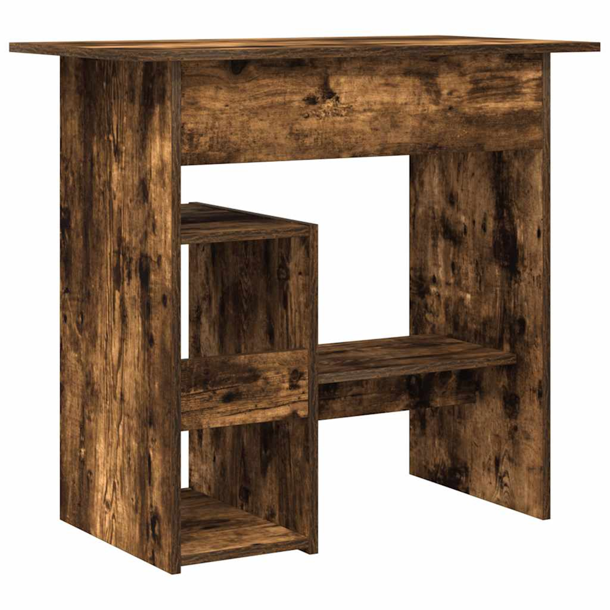 Ein rustikaler Holztisch mit offenem Regal auf der linken Seite.
