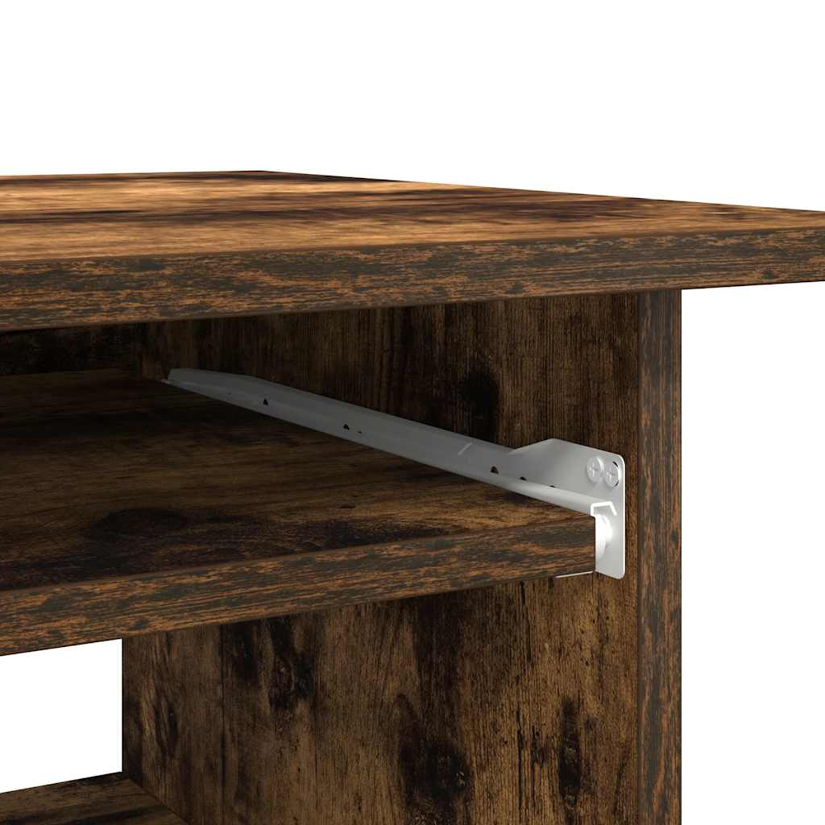 Holzregal mit weißen Schubladenführungen auf dunklem Holzregalboden.