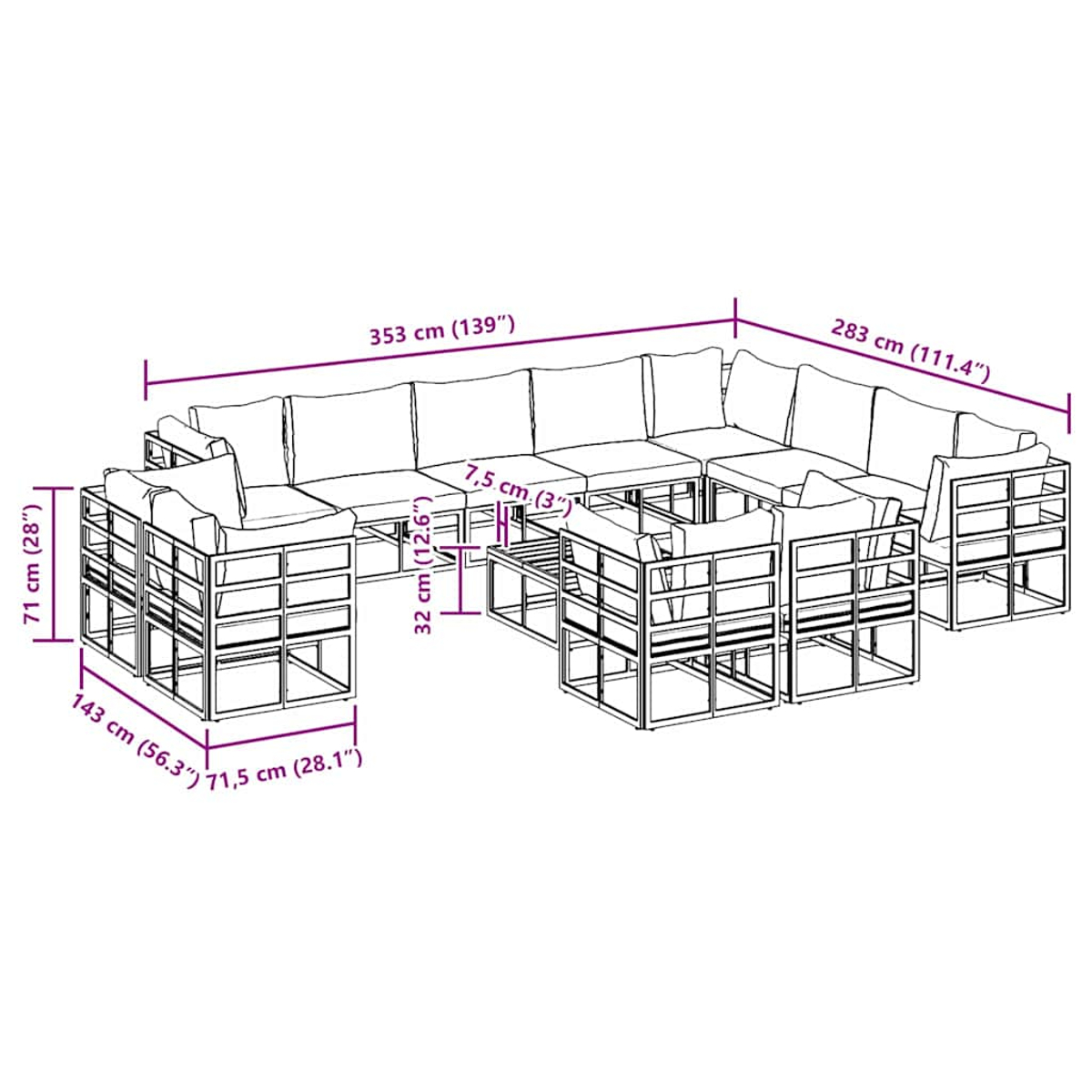 Set lounge da esterno con dimensioni e cuscini bianchi. Dimensioni totali 353x283 cm.