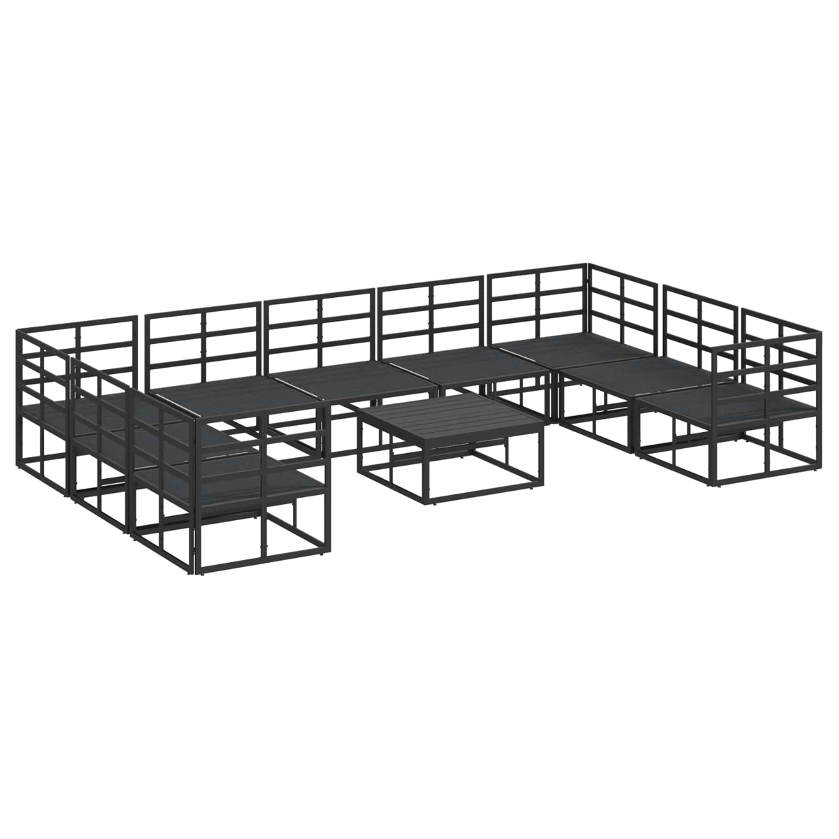 Un set lounge modulare da esterno in metallo scuro con sedute e un tavolo.