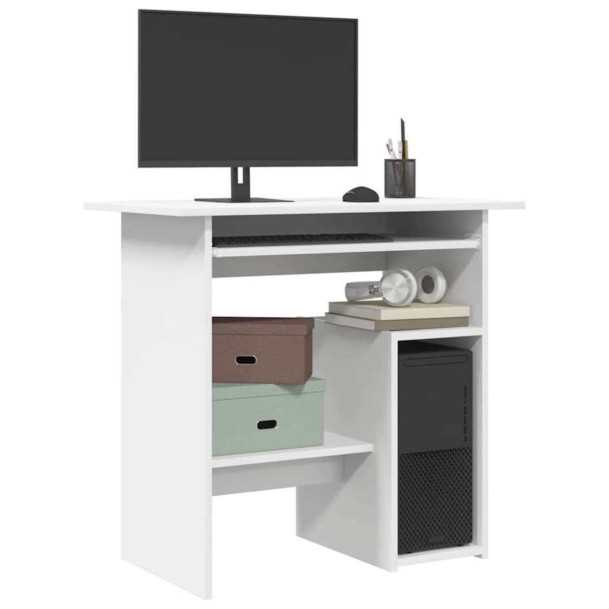 Ein weißer Schreibtisch mit Monitor, Tastatur, Maus, Computer und Aufbewahrungsboxen.
