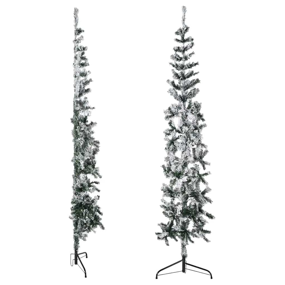 Zwei hohe, schlanke künstliche Weihnachtsbäume mit beflockten Ästen stehen auf schwarzen Ständern.