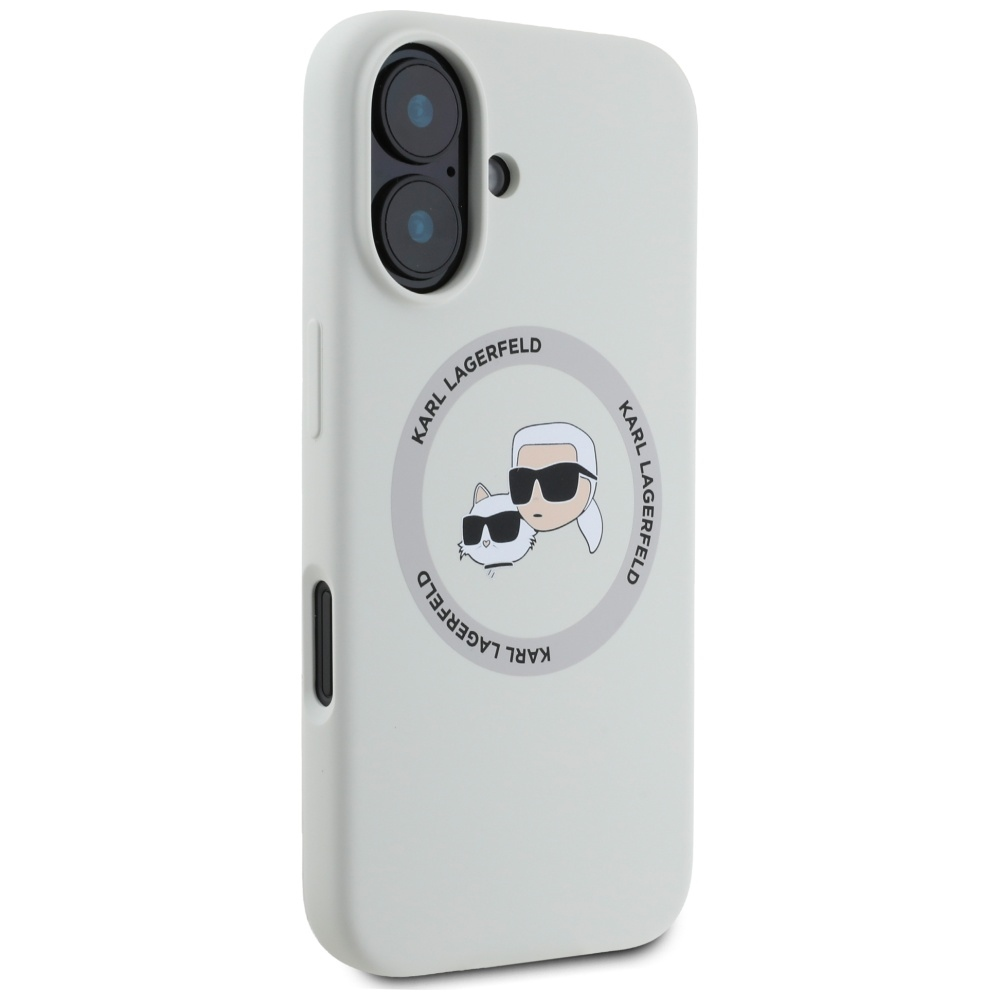 Una cover grigio chiaro per telefono con logo Karl Lagerfeld e gatto.