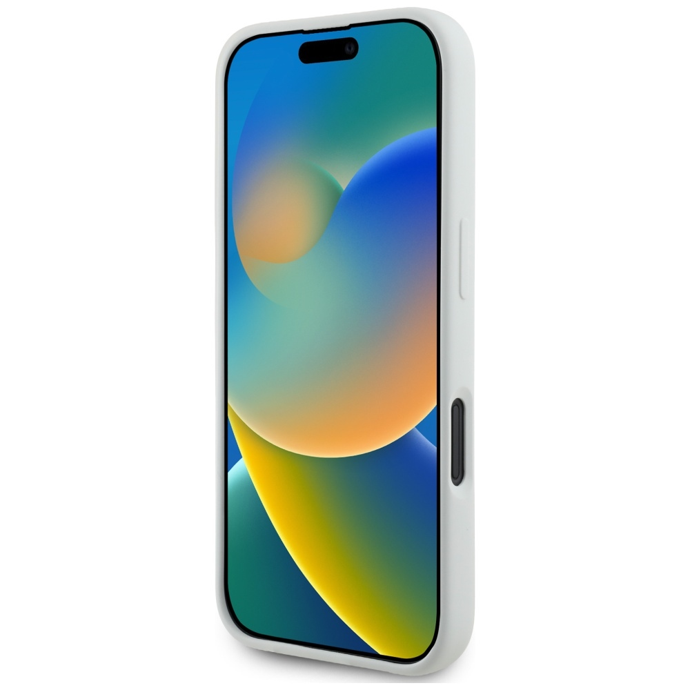 Un iPhone bianco con uno sfondo colorato visualizzato sullo schermo.