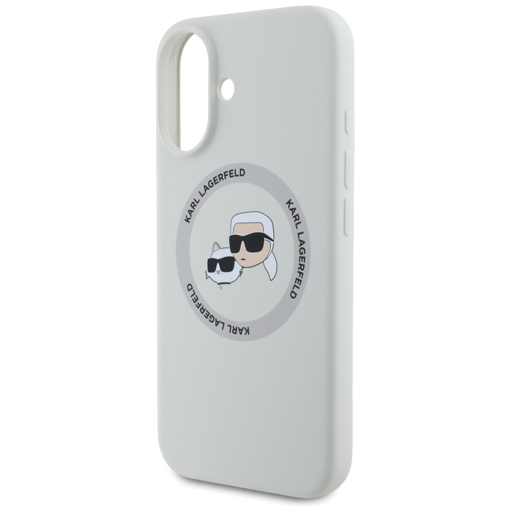 Una cover bianca per telefono con stampa Karl Lagerfeld e gatto.