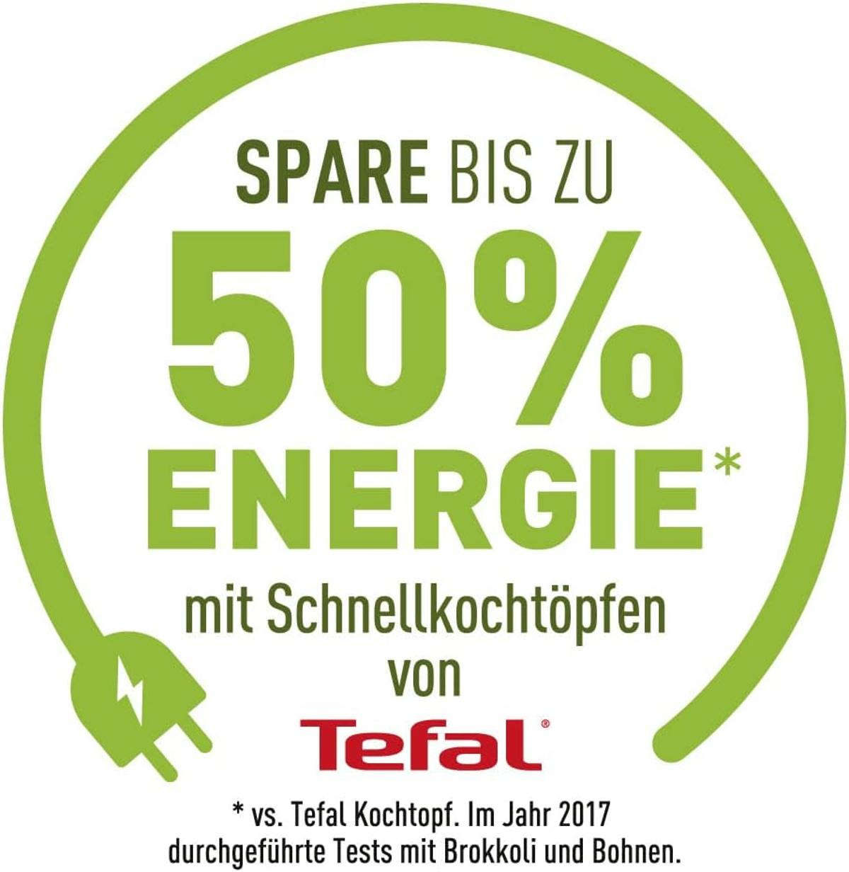 Spar bis zu 50% Energie mit Tefal Schnellkochtöpfen. Stecker-Symbol.
