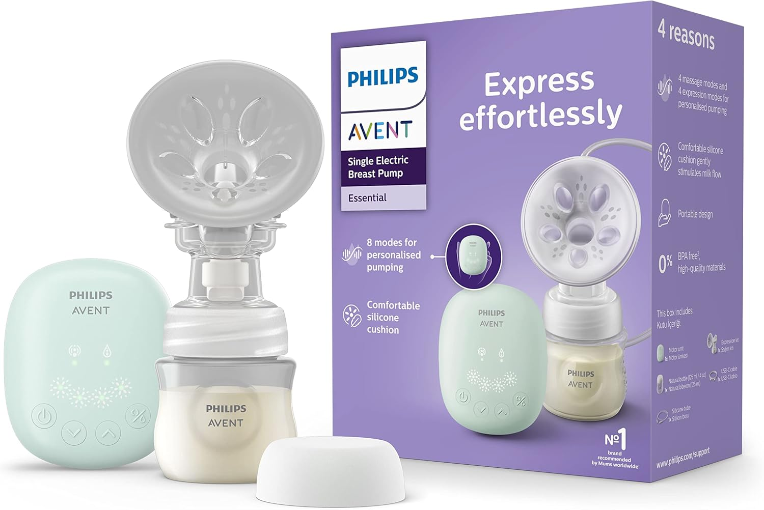 Philips Avent tekli elektrikli göğüs pompası, biberon ve motorlu.