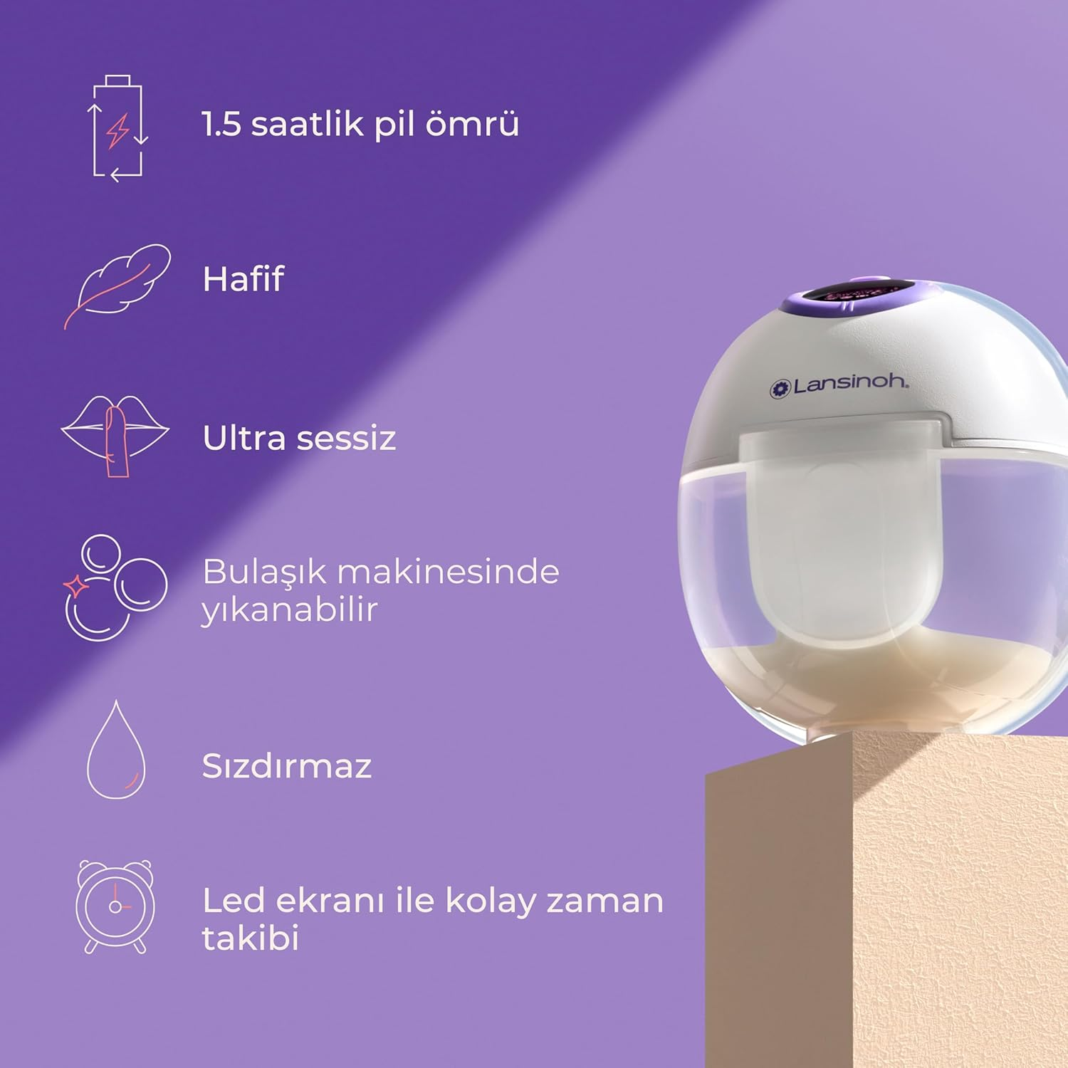 Lansinoh süt pompası, 1.5 saat pil ömrü, hafif, sessiz, bulaşık makinesi.