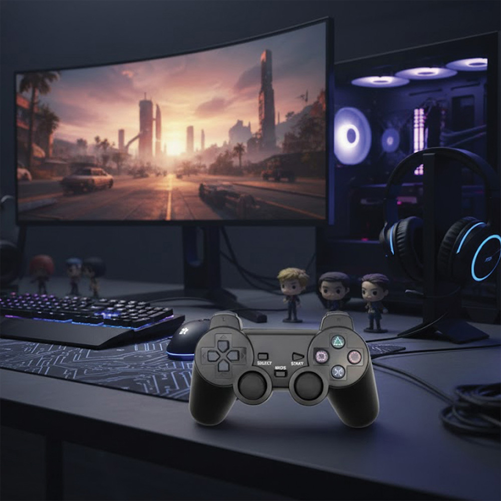 Kontrolcü, klavye, fare ve aydınlatmalı PC içeren bir oyun kurulumu.
