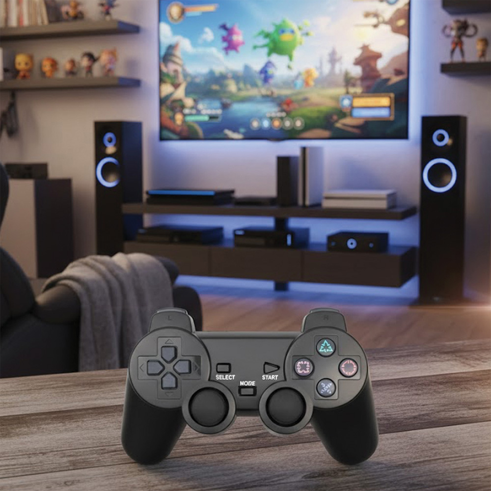 Bir kontrolcü ahşap bir masanın üzerinde duruyor, arkada oyun oynanan bir TV ekranı var.