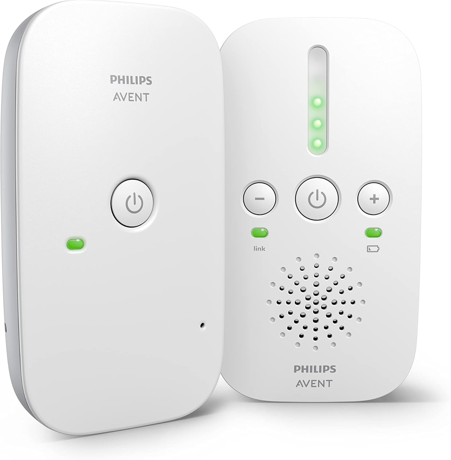 Due baby monitor Philips Avent bianchi con pulsanti di accensione e spie.