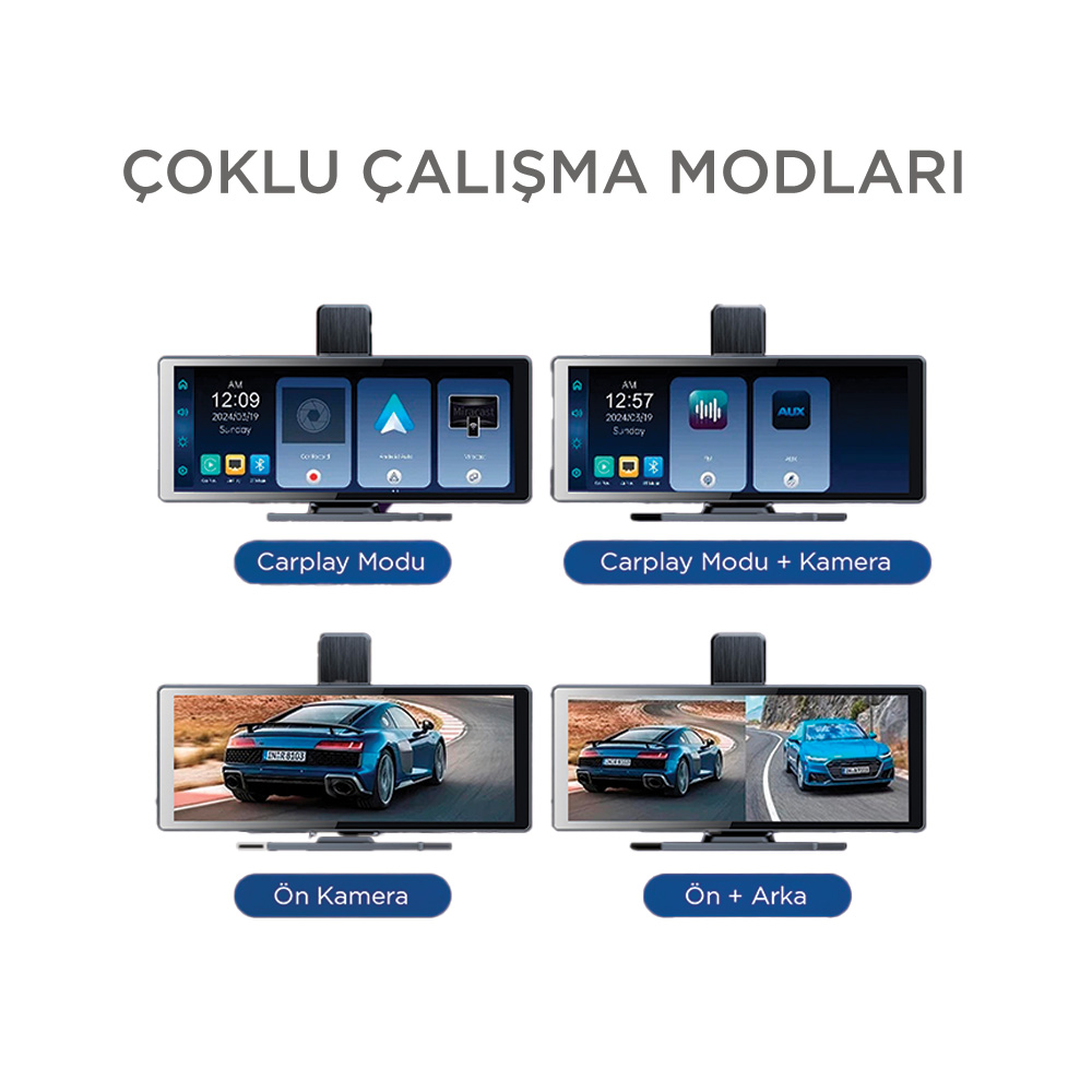 Dört ekran farklı modları gösteriyor: CarPlay, CarPlay+Kamera, Ön Kamera, Ön+Arka.