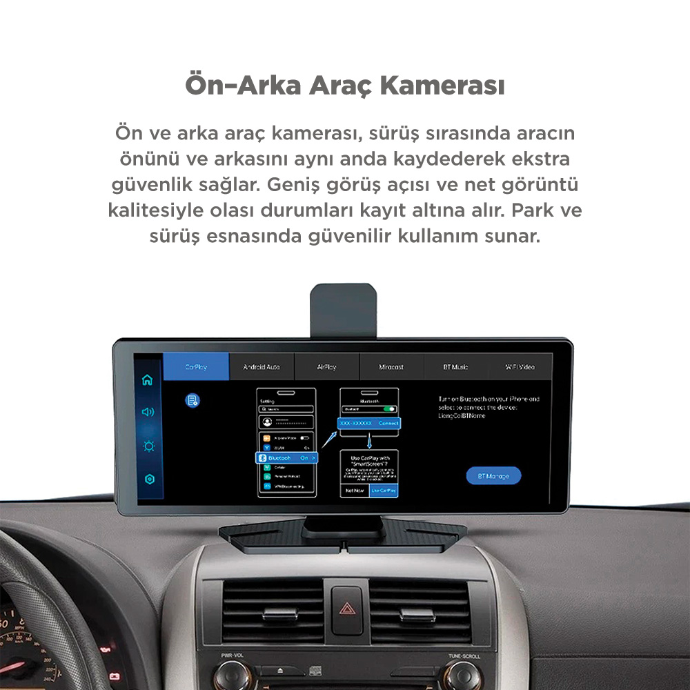 Bir araç ekranı, CarPlay, Android Auto ve Miracast menülerini gösterir.
