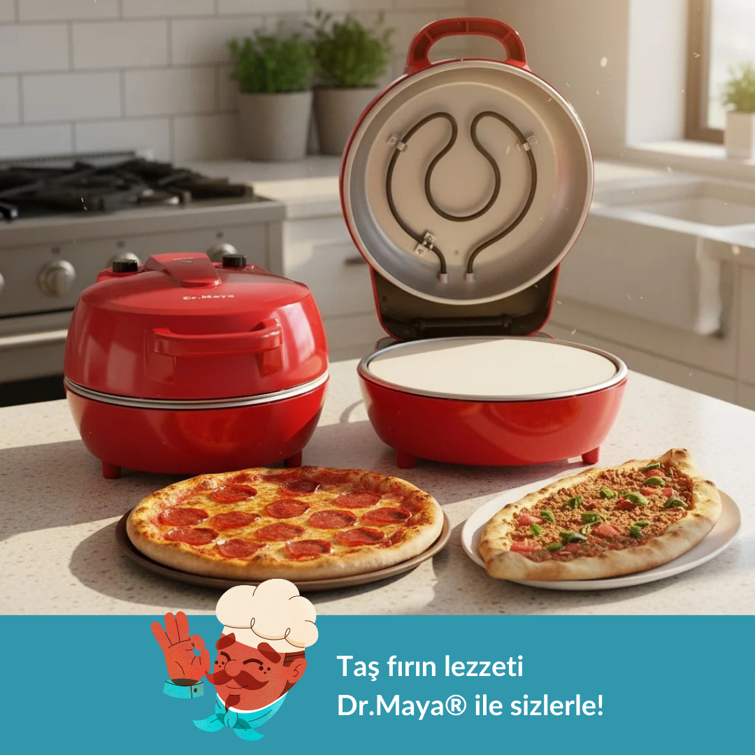 Kırmızı pizza fırını, iki pizza ve pide sunuluyor.