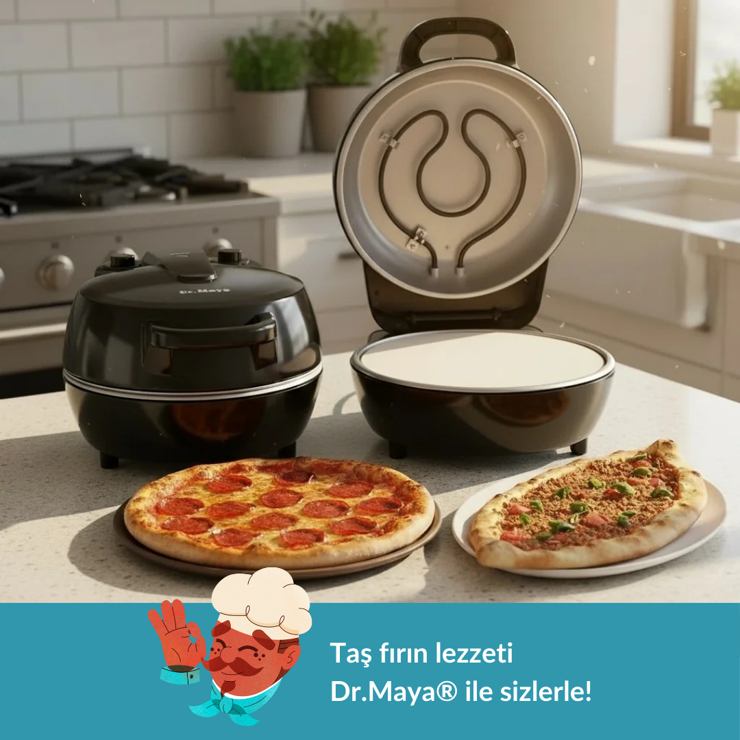 Yanında iki pizza olan açık bir pizza fırını.