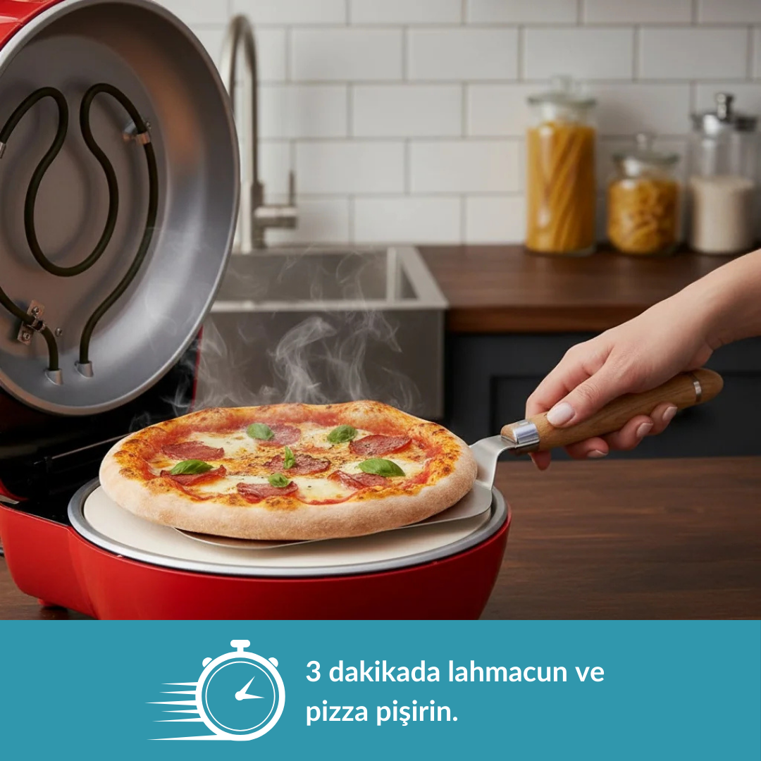 Bir el, kırmızı pizza fırınından buharlanan bir pizza çıkarıyor.