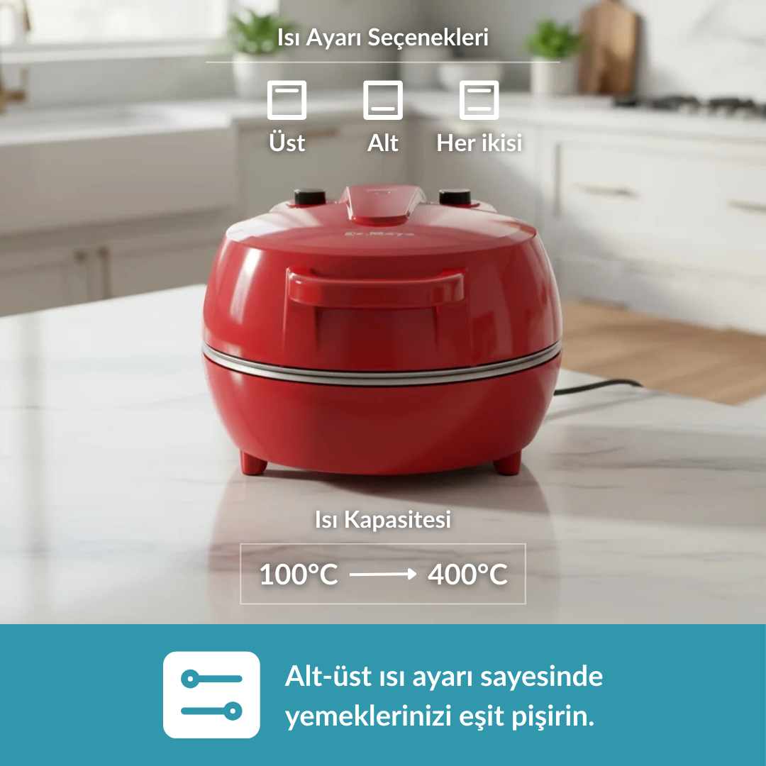 Kırmızı fırın, sıcaklık ayarları ve 100°C-400°C arası sıcaklık göstergesi.