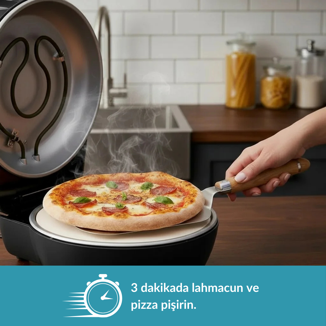Bir kişi, pepperoni ve fesleğenli dumanı tüten bir pizzayı pizza fırınından çıkarıyor.