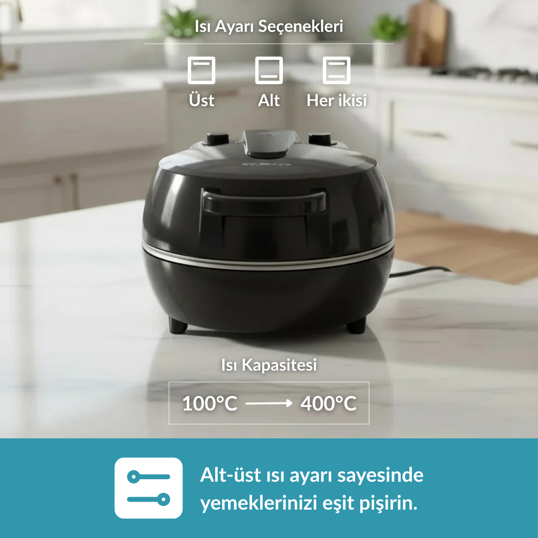 Siyah tencere ısı ayarlarıyla: üst, alt veya her ikisi. 100-400°C aralığı.