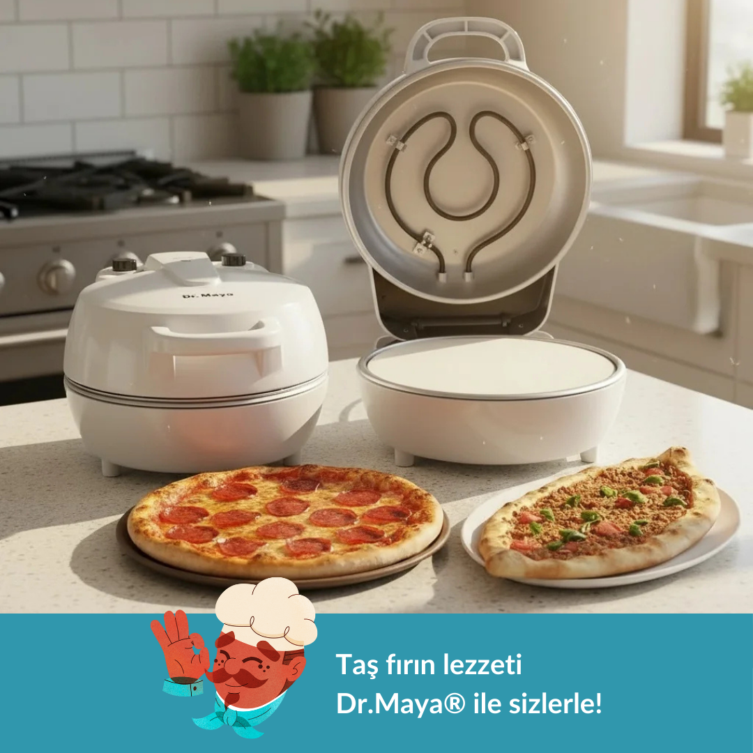 Beyaz bir pizza fırını, iki pizza ve pide yanında tezgahta duruyor.