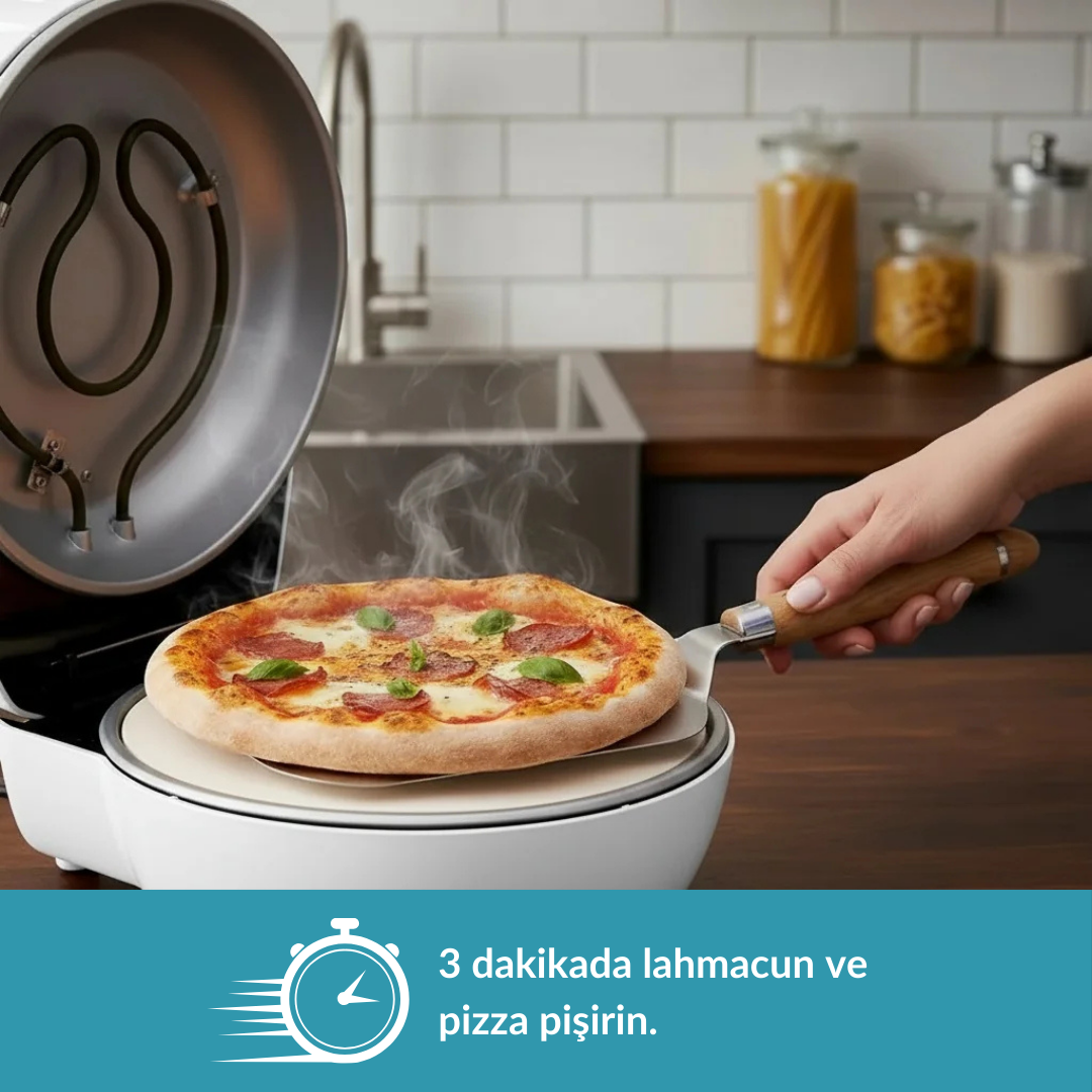Bir el, açık pizza fırınından buharlanan bir pizzayı çıkarıyor.