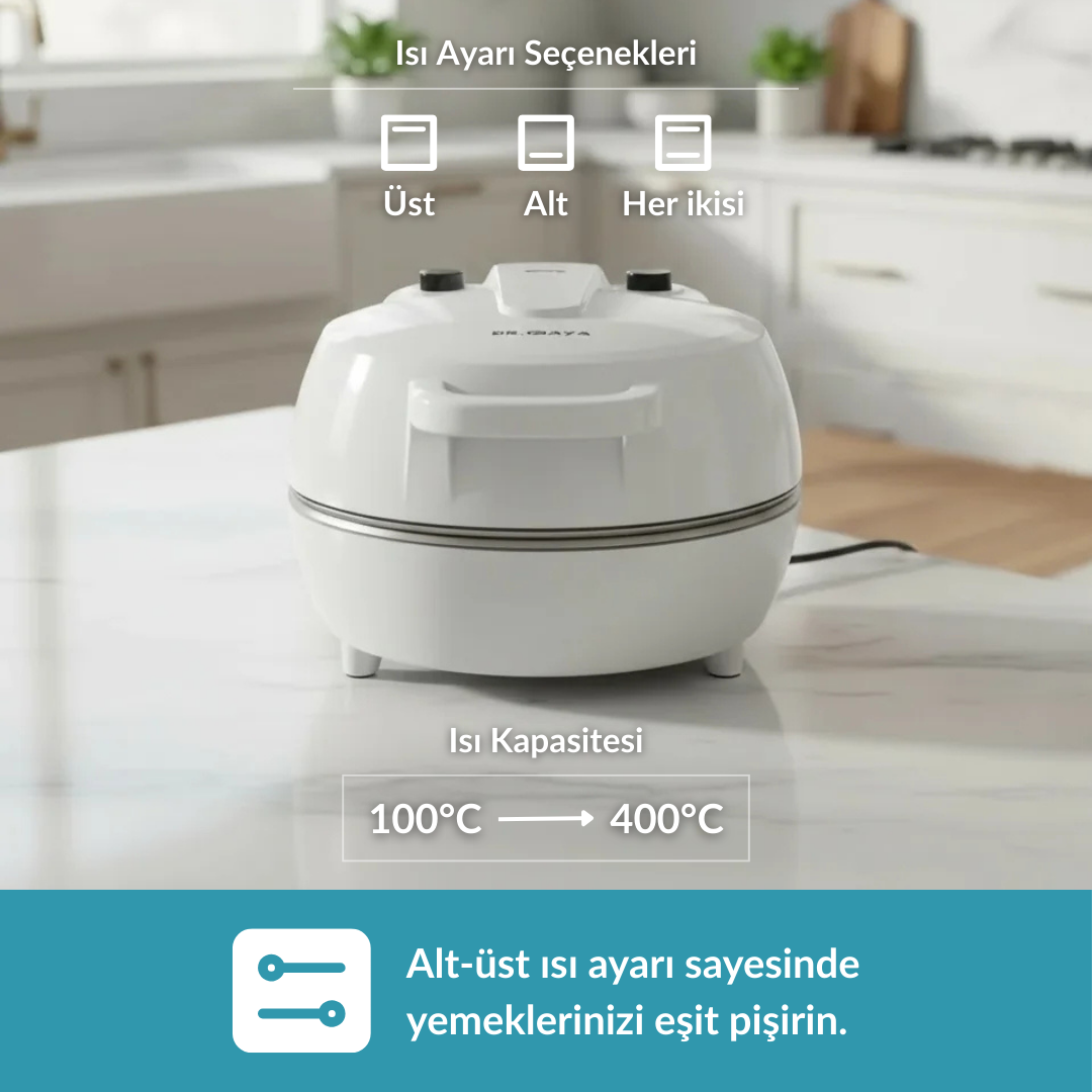 Kontrollü, 100-400°C sıcaklık aralığına sahip beyaz pişirme cihazı.