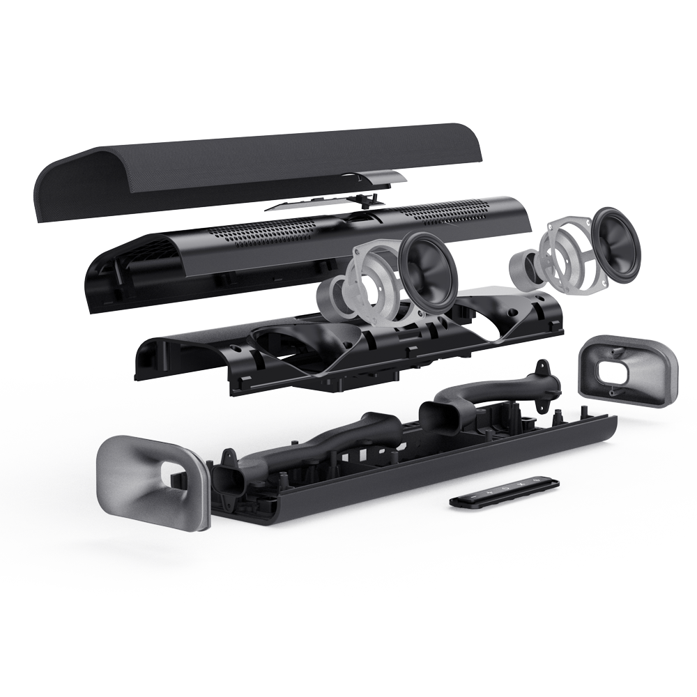 Siyah bir soundbar'ın patlatılmış görünümü, hoparlörleri ve uzaktan kumandayı gösteriyor.