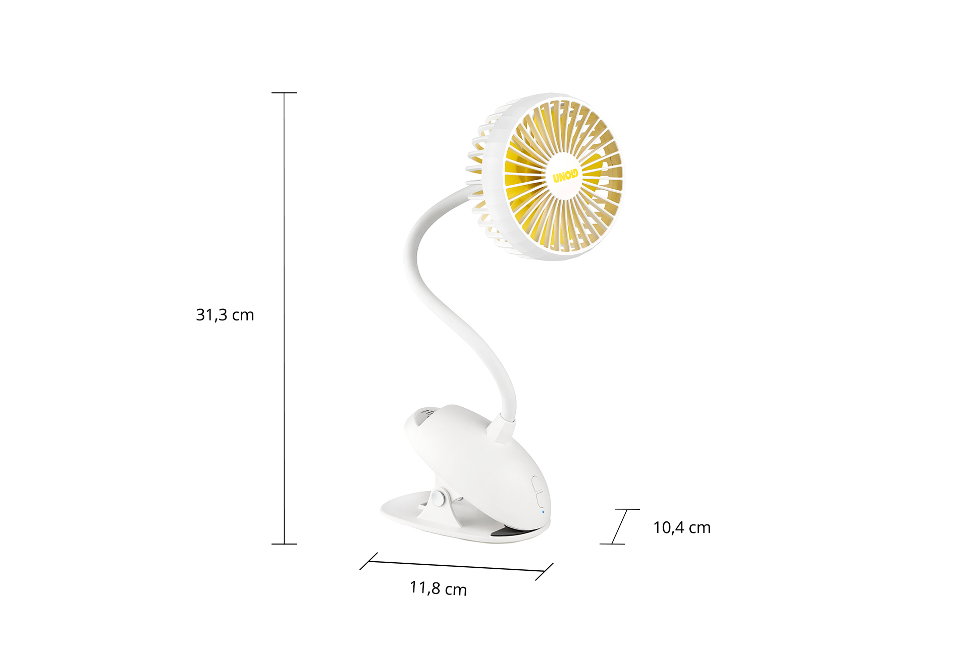 Ein kleiner weißer Clip-Ventilator mit gelben Rotorblättern und flexiblen Hals.