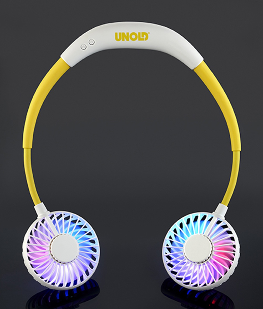 Biało-żółty wentylator na szyję z kolorowymi światłami na czarnym tle.