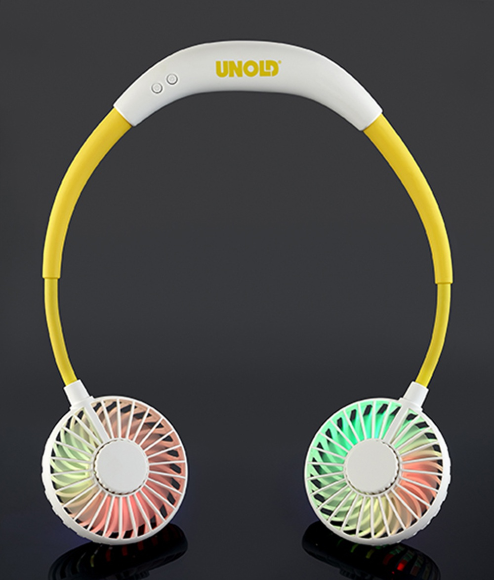 Wentylator na szyję z żółtymi ramionami, białą opaską i kolorowymi diodami LED.