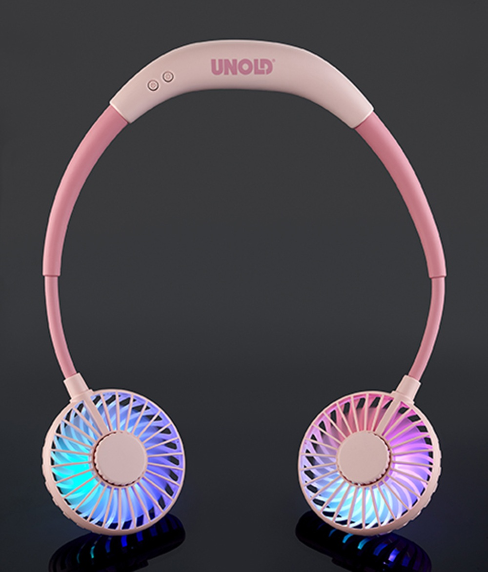 Różowy wentylator na szyję z dwoma wentylatorami i kolorowymi światłami LED.