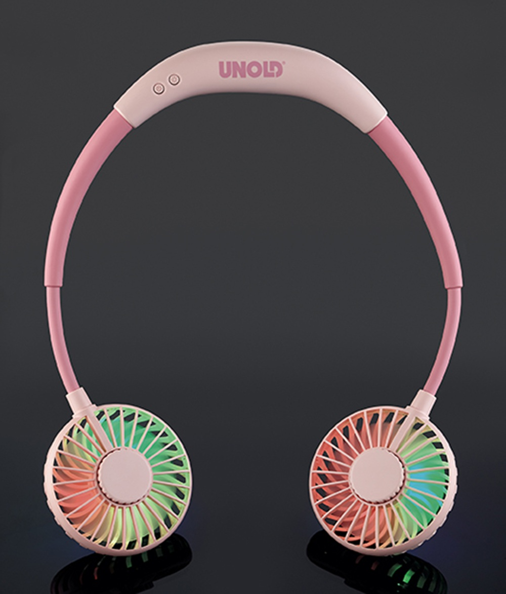 Różowy wentylator na szyję z dwoma wiatrakami i kolorowymi diodami.