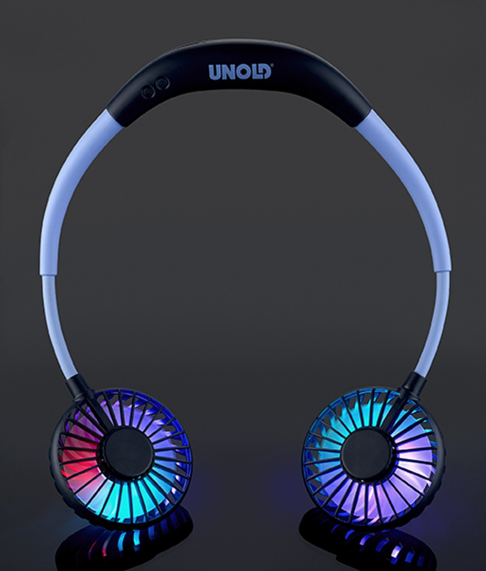 Ein Nackenfächer mit blauem Band, schwarzen Lüftern und bunten LEDs.
